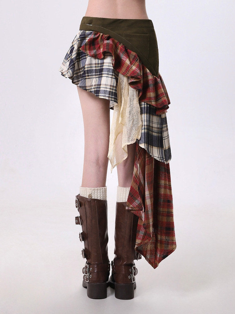 Plaid Patchwork Asymmetrical Mini Skirt