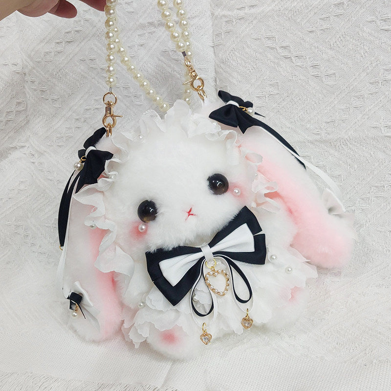 black bow plush rabbit pearls bag