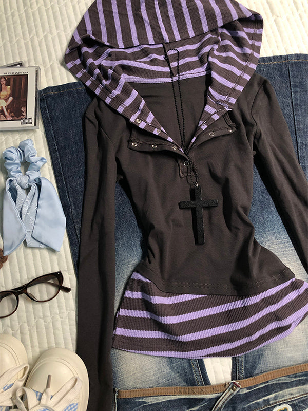 purple striped fake two-piece long-sleeved Top