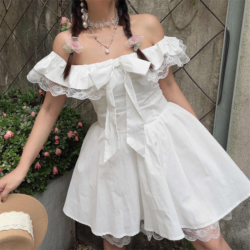 One-shoulder Lace Bow Fairy Dress