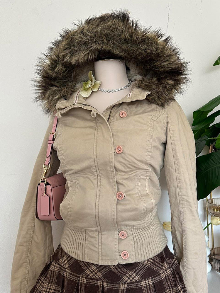 retro beige fur hooded jacket