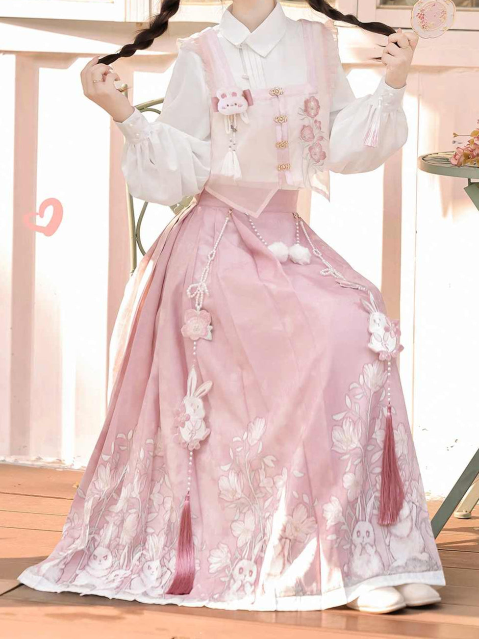 Hanfu Aesthetic Pink Rabblit Shirt + Skirt Suit