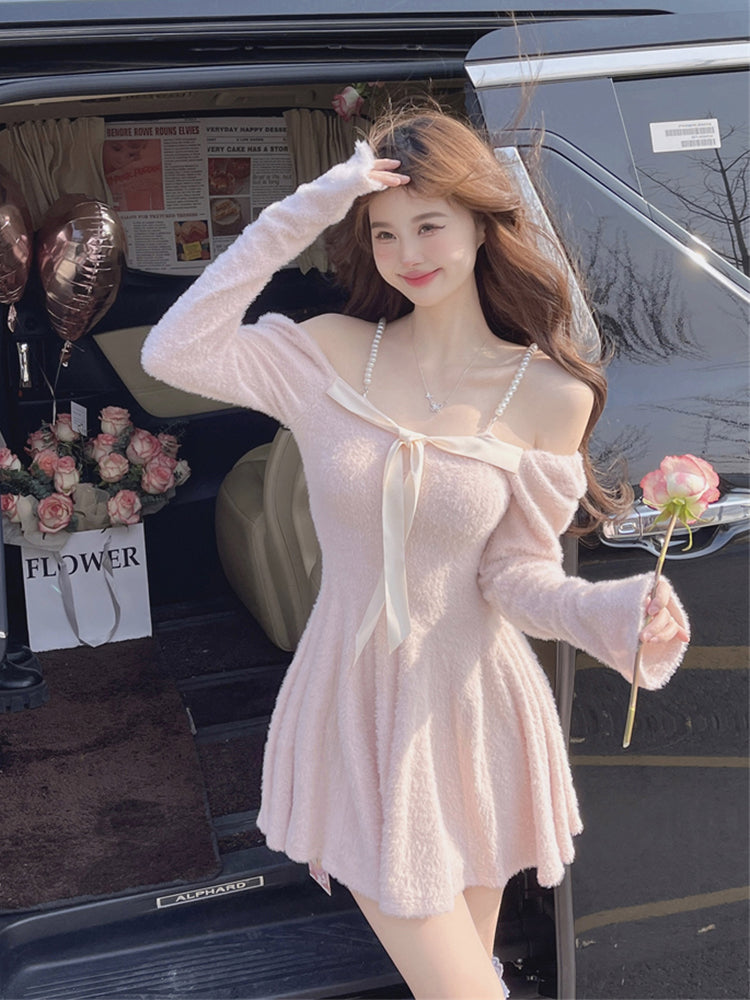 French Sweet Bow Knitted Long-sleeved Mini Coquette Dress