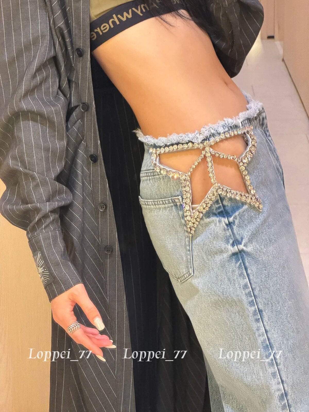 Blue Rhinestone Cutout Jeans