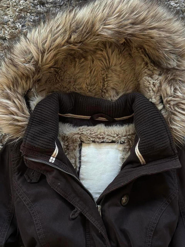 retro brown hooded fur collar jacket
