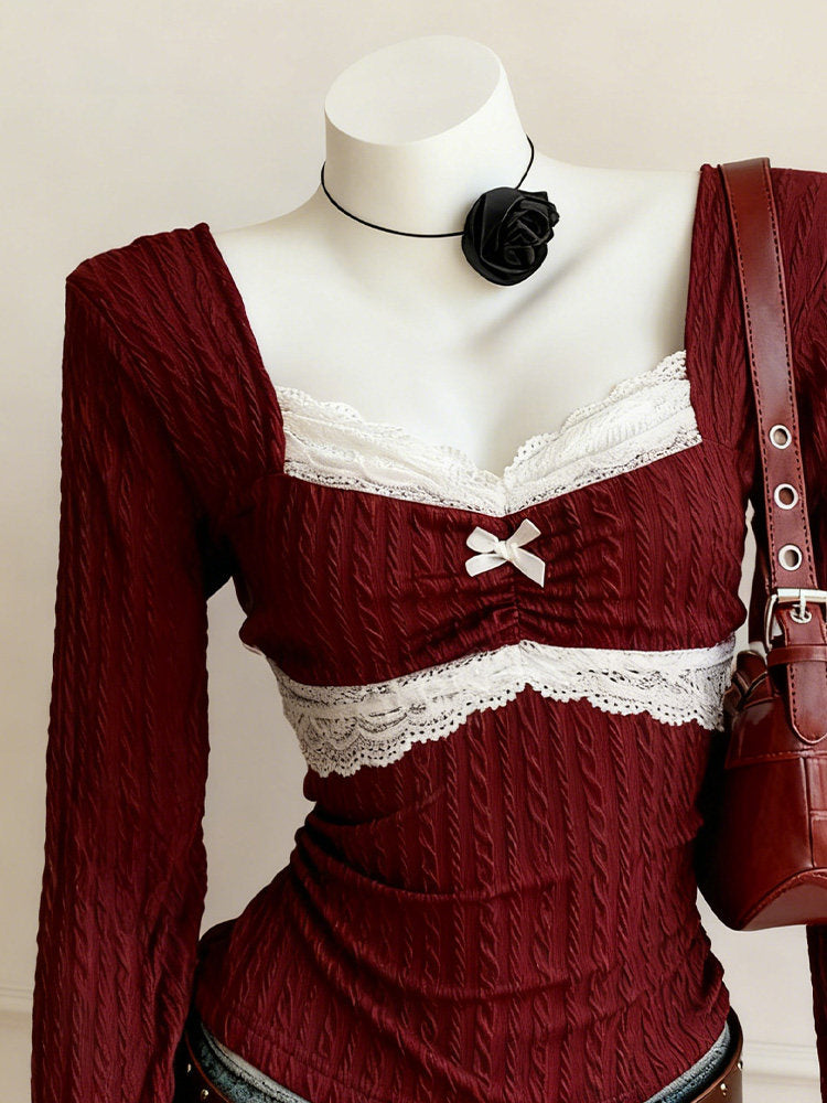 burgundy lace knit ling-sleeved top