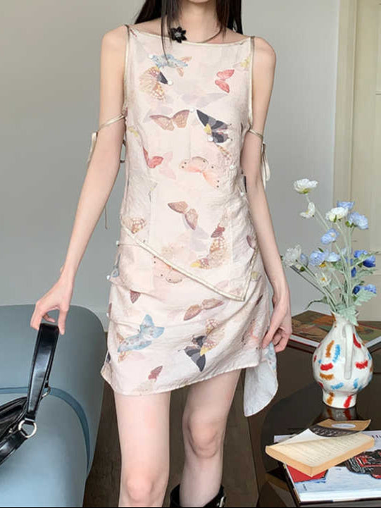 Butterfly Print Suspender Top + Skirt