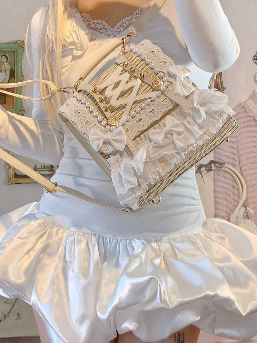 Bow Pearl Ribbon Straw Backpack