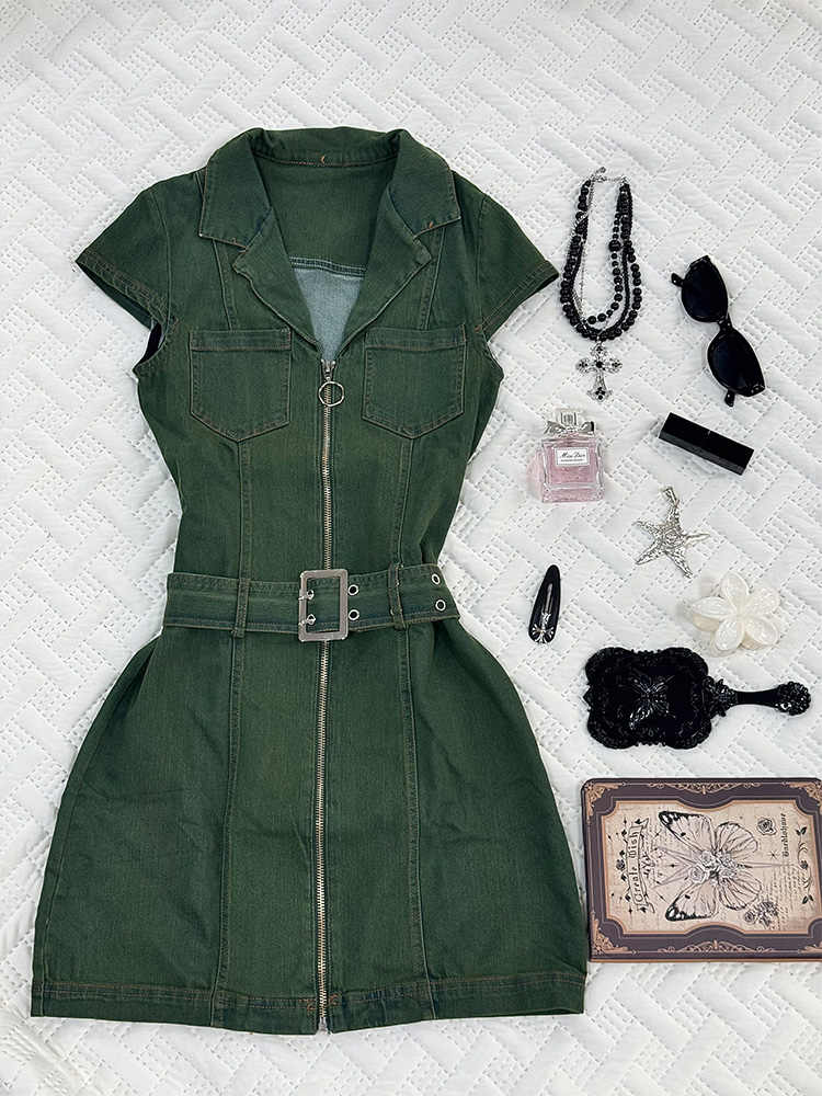 Retro Green Denim Dress