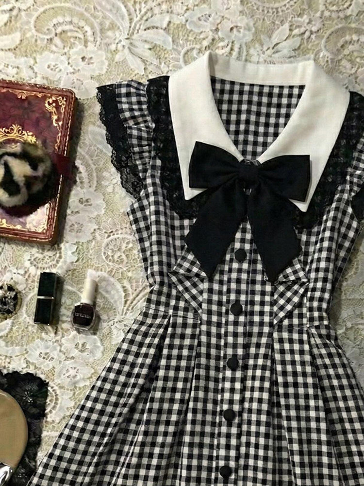 dark coquette plaid bow dress