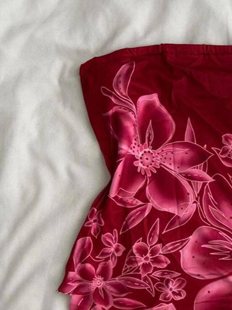 Red Floral Strapless Top