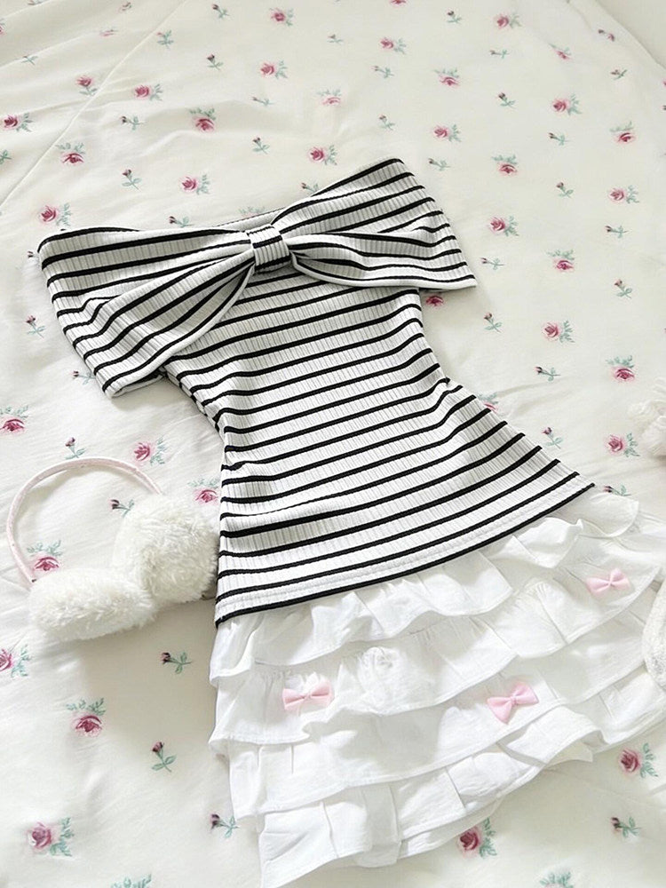 striped bow off-shoulder shirt