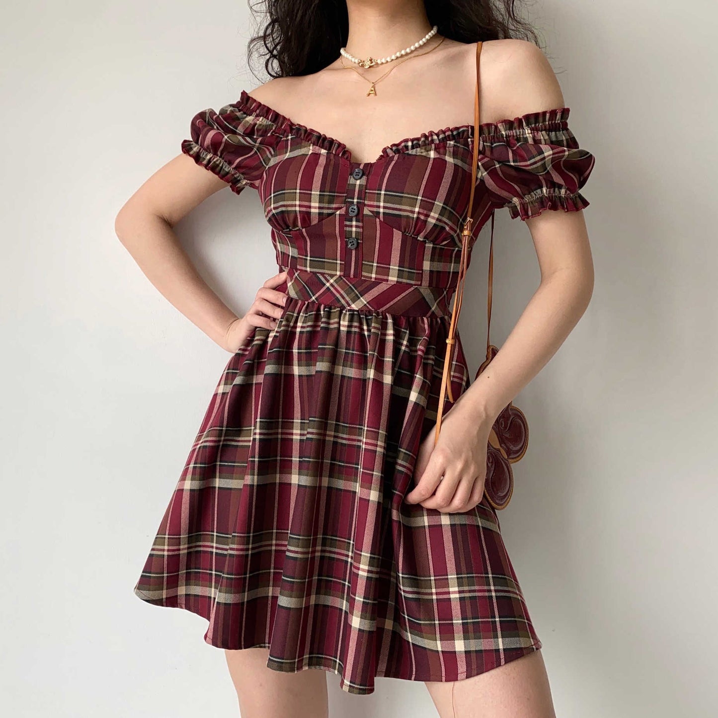 Fairy Grunge Puff Sleeve Red Plaid Dress