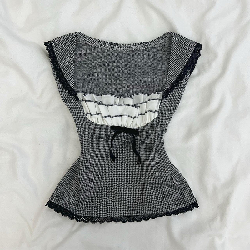 Retro Gray Bow Lace Vest