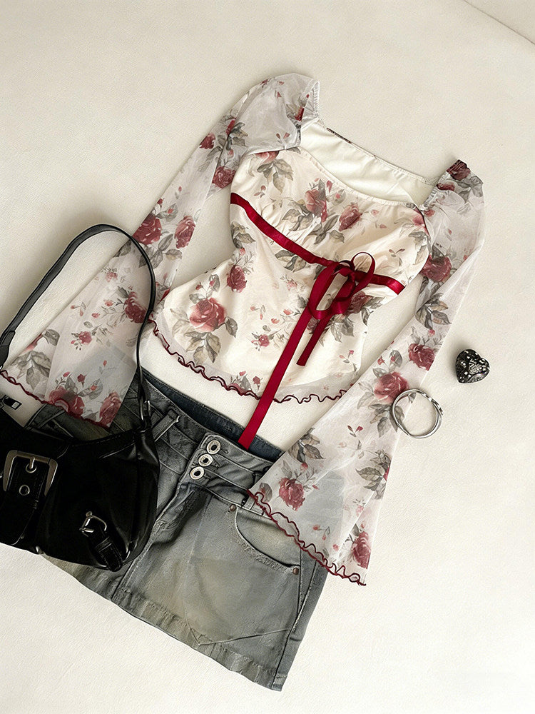 rose strap mesh long-sleeved top