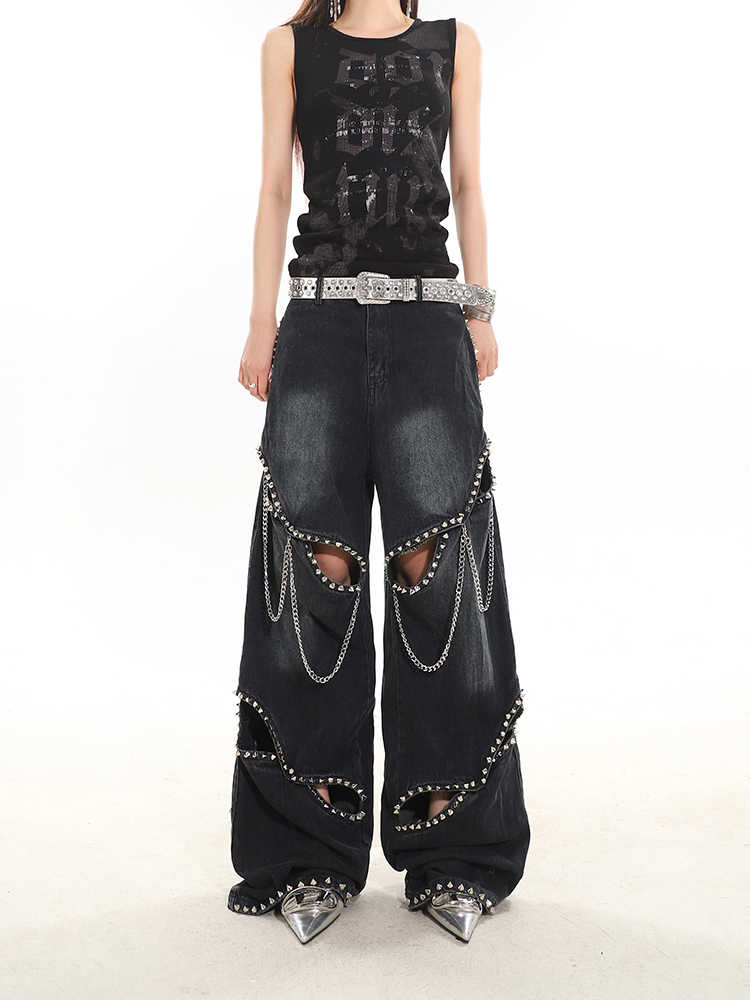 Rivet Chain Hollow Bell Bottom Jeans