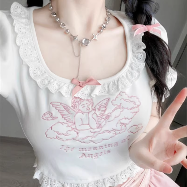 Angel lace sweet embroidered T-shirt