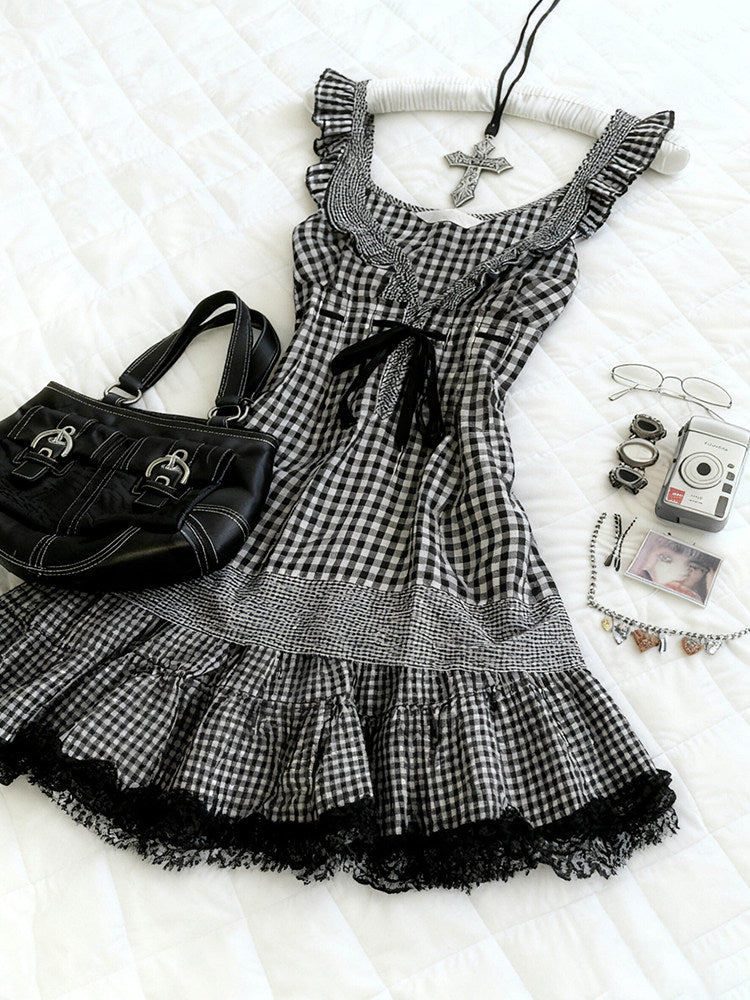 retro plaid bow lace dress