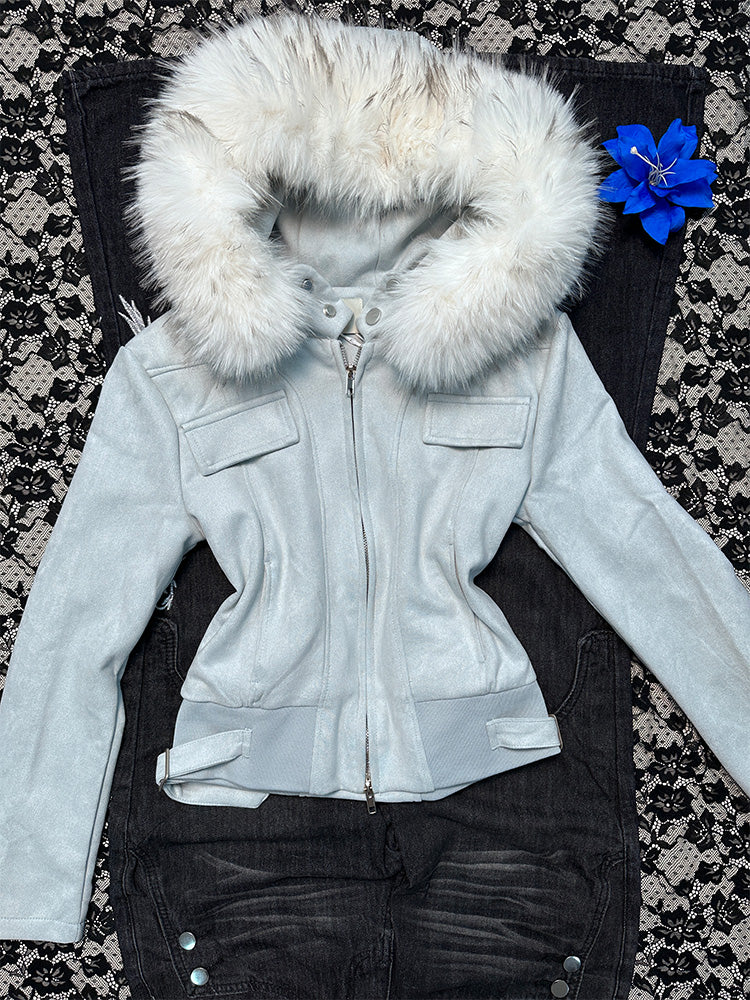 retro blue fur collar coat