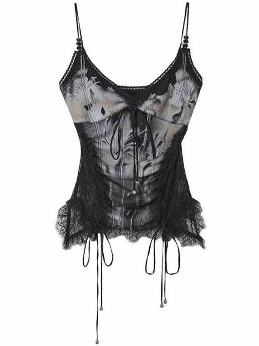 Lace Splicing Printed Tank Top