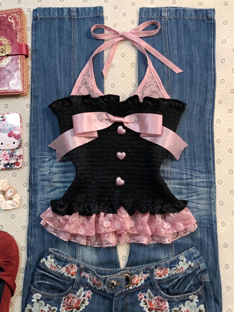 black&pink bow tank top