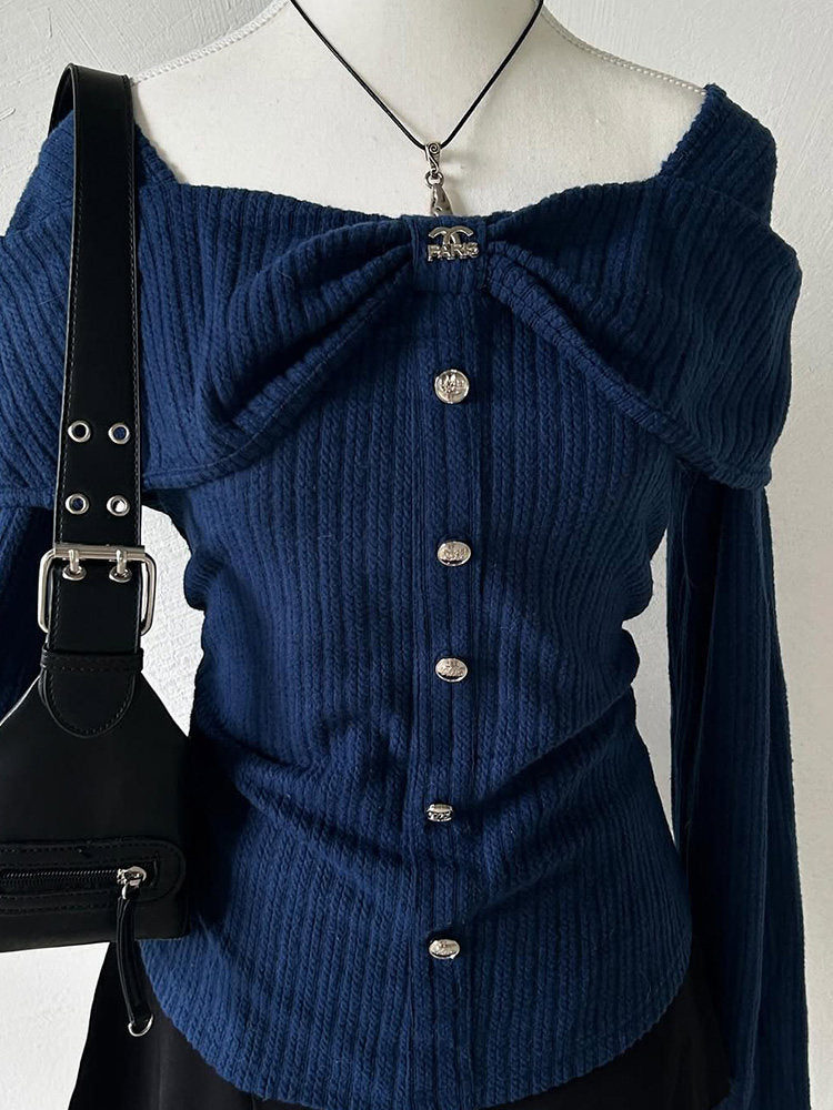 retro navy knitted long-sleeved top