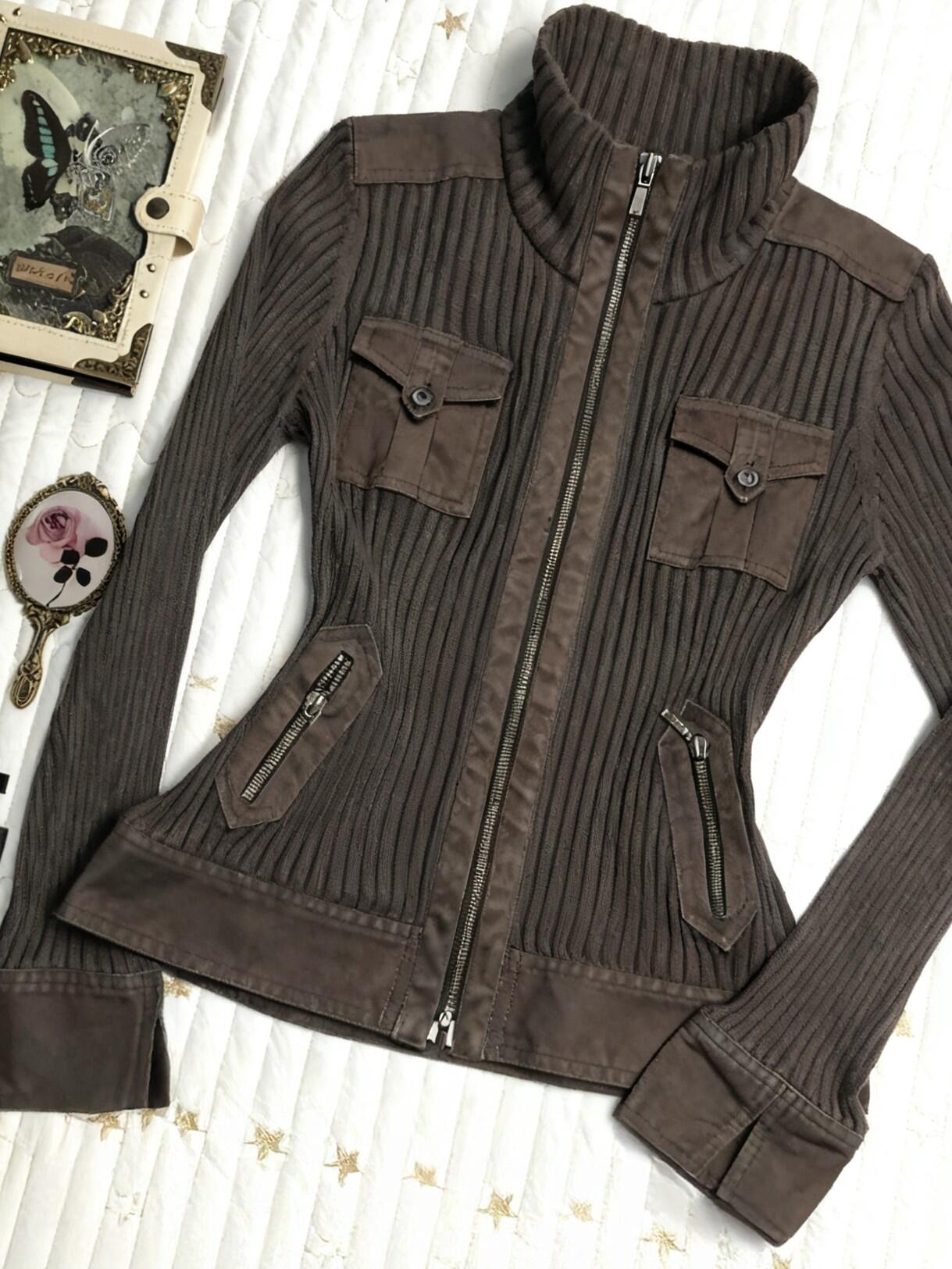 brown retro stand-up collar slim knitted cardigan