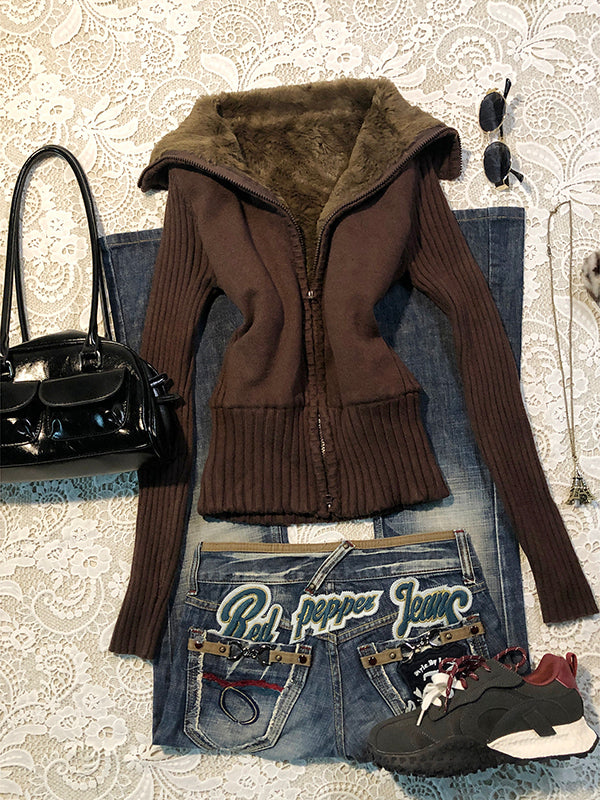brown turtleneck slim sweater jacket