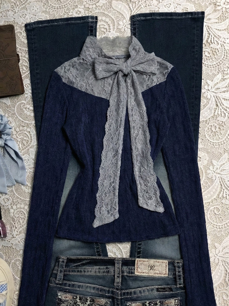 retro lace bow long-sleeved shirt