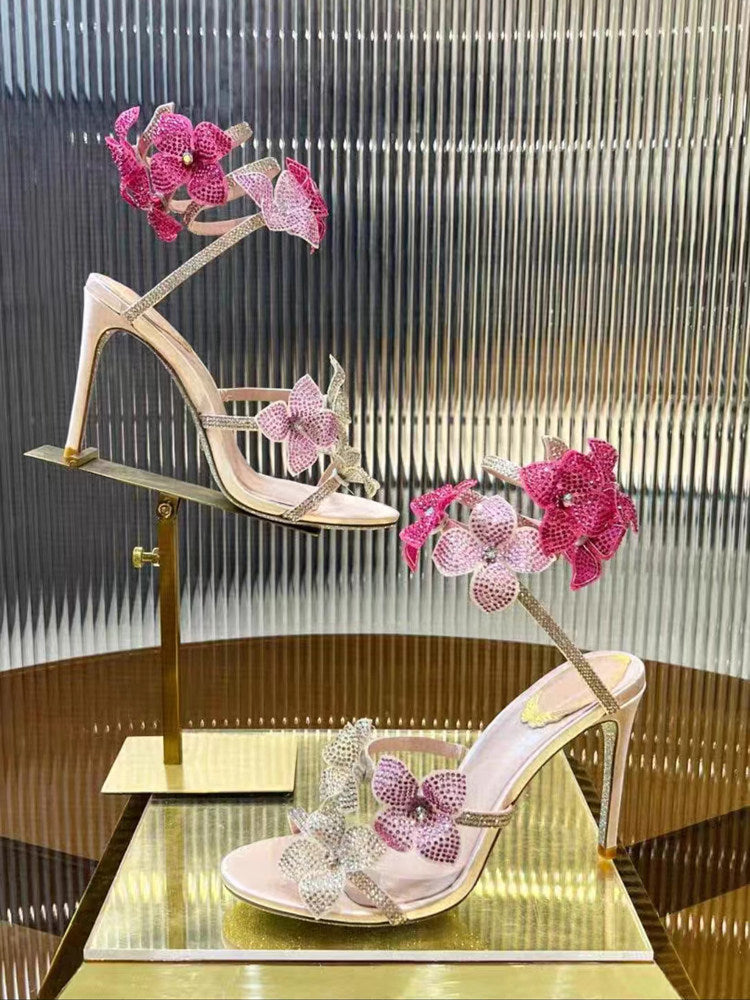 Rhinestone Snake-Wrap Floral High Heels