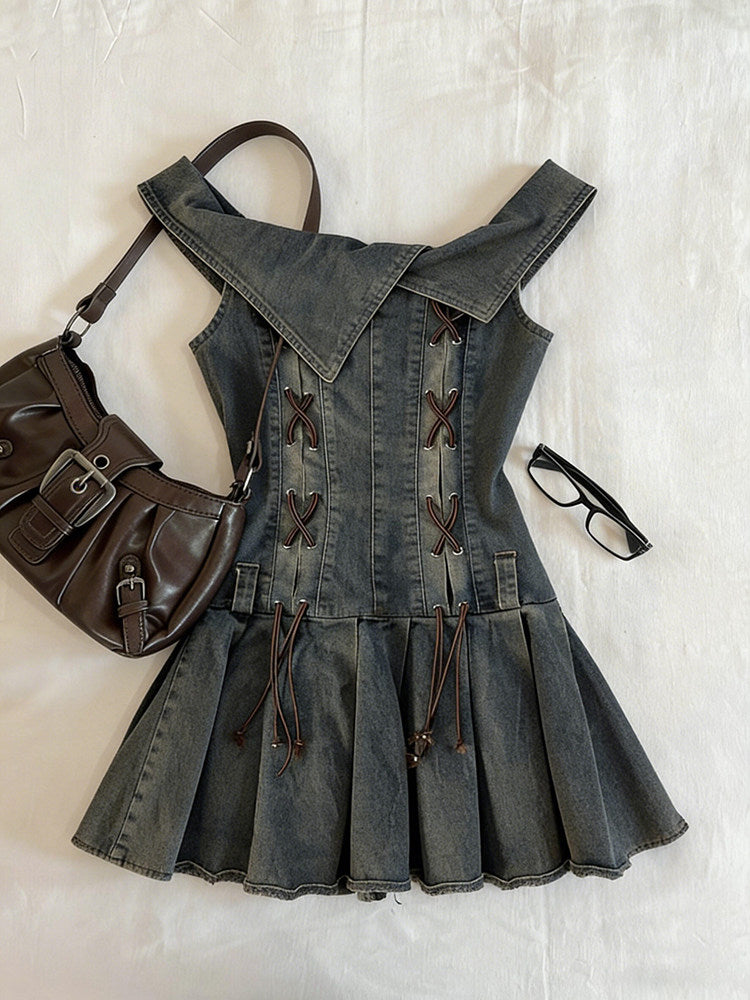 retro denim straps pleated dress