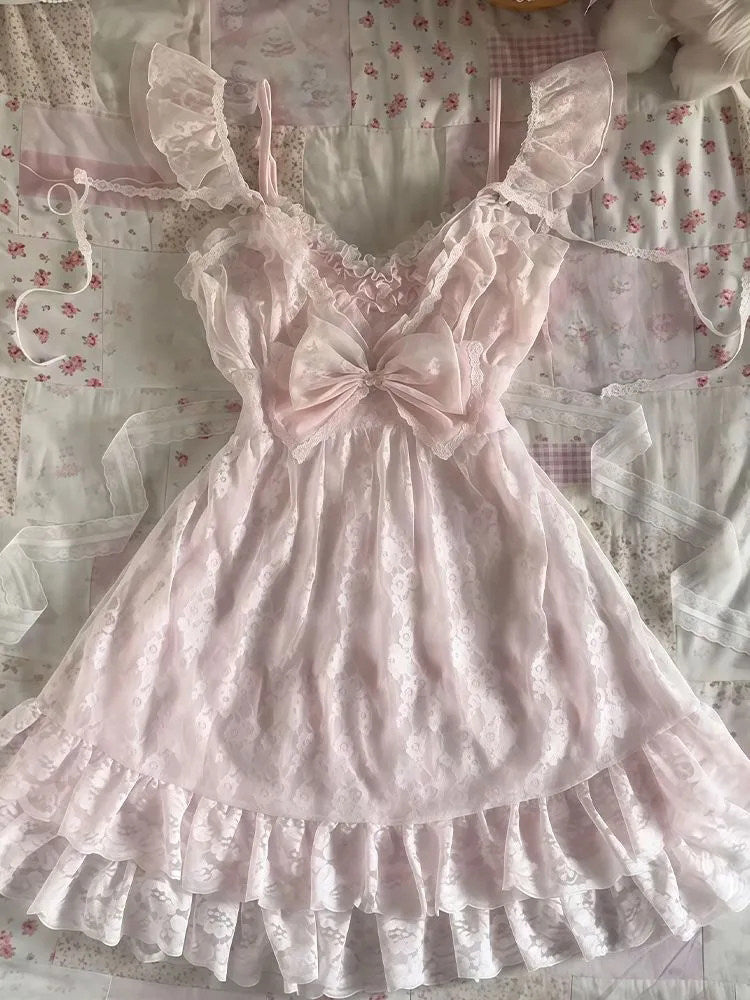 coquette pink lace bow dress