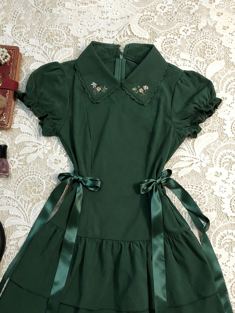 retro green lapel puff sleeve dress