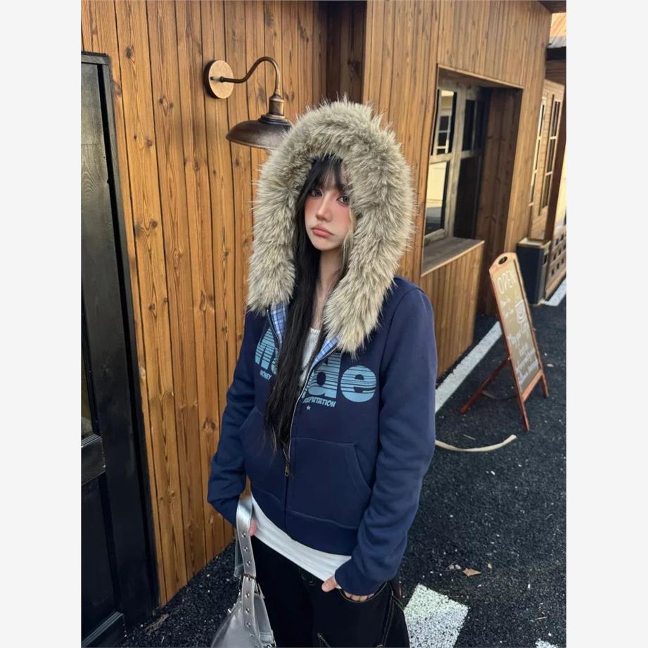 American retro fur collar hooded sweatshirt