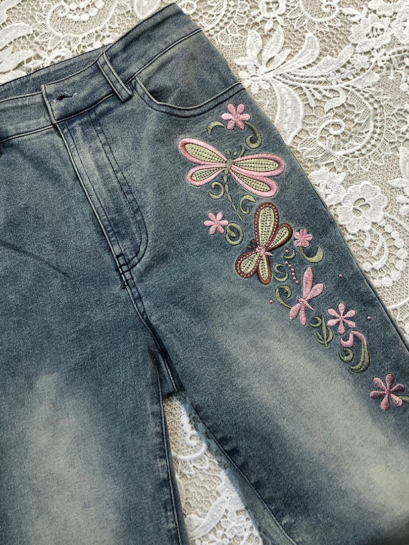 Blue Embroidered Slim-Fit Jeans