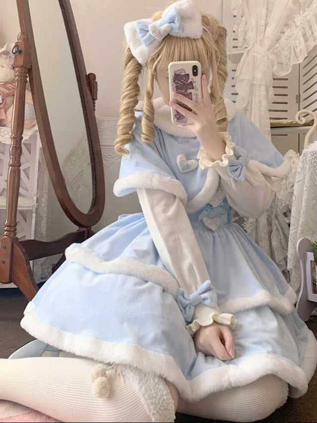 Kawaii Winter Cape Shawl Coat Dress Set