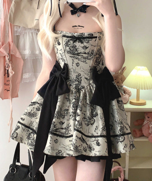 Jacquard Retro Fishbone Bow Dark Coquette Dress