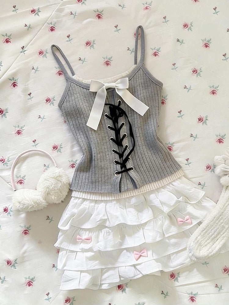 retro gray white bow tank top