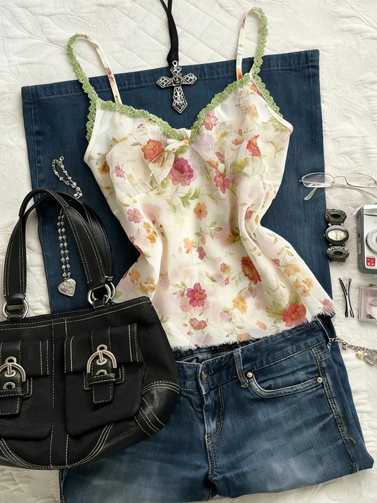 floral green lace tank top