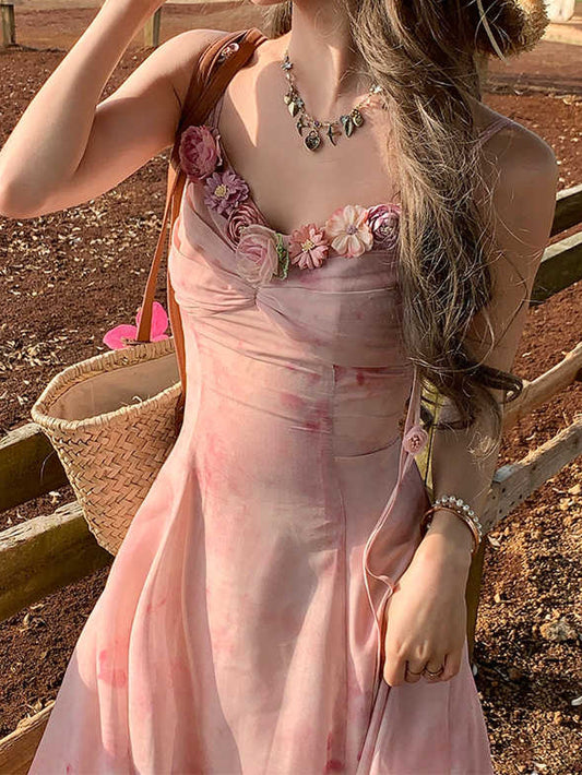 Pink Flower V-neck Suspender Dress