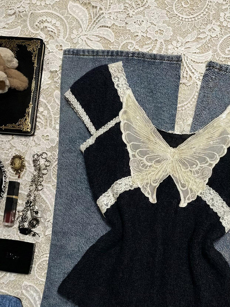 lace butterfly black shirt