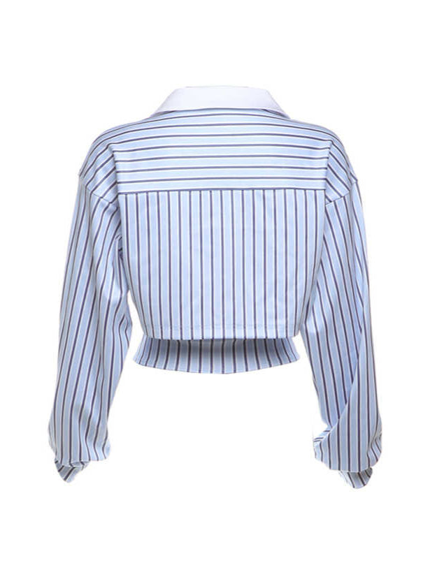 Preppy Sporty Blue Striped Lapel Long-sleeved Shirt