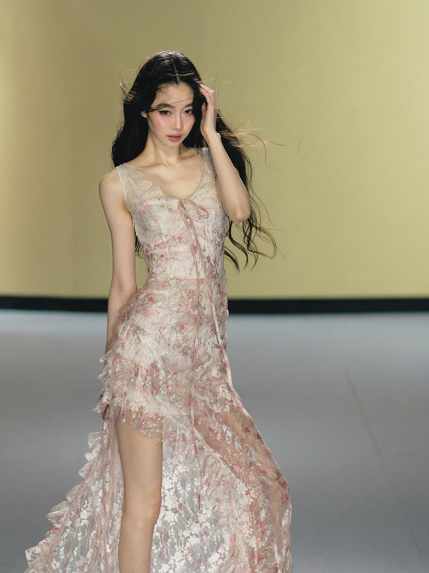 Misty pink lace patchwork fitted cami maxi dress