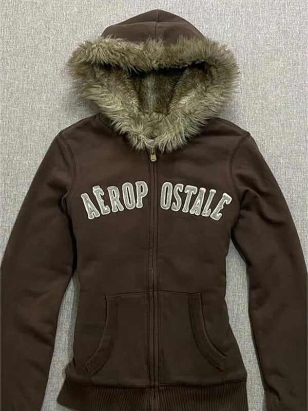 Brown Letter Fleece-Lined Hooded Jacket