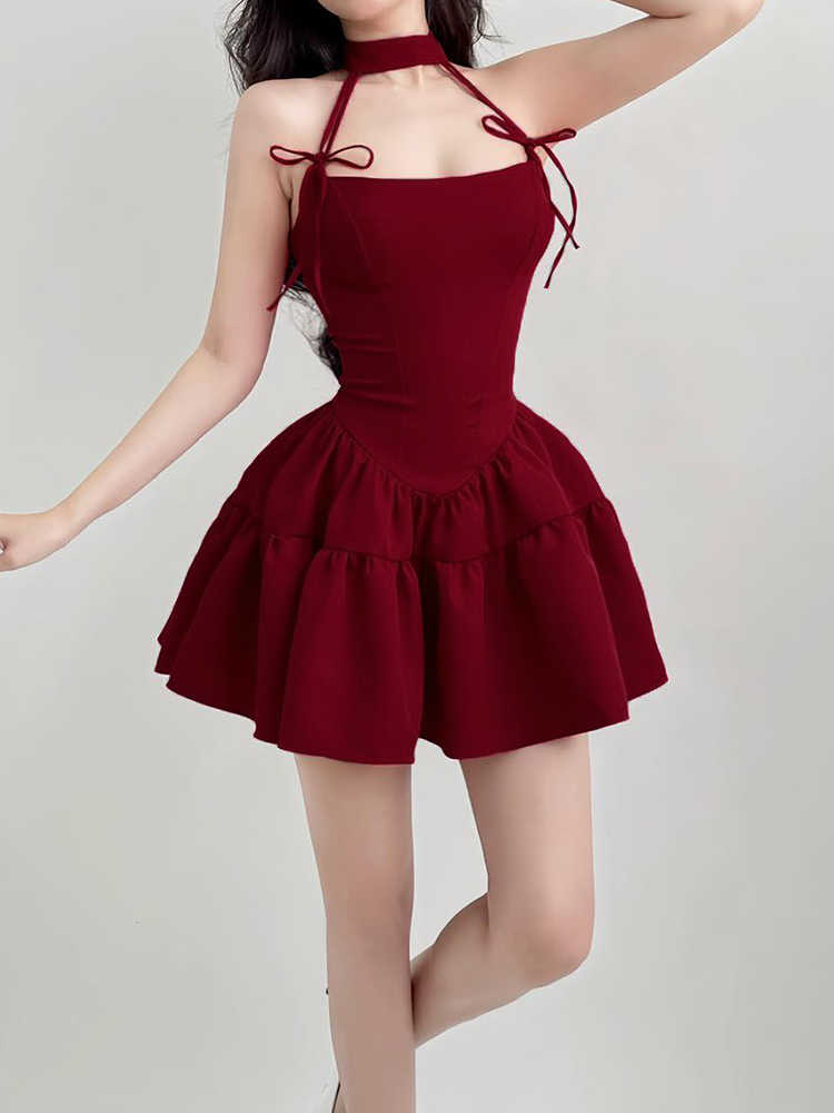 Red Bow Halter Neck Dark Coquette Dress