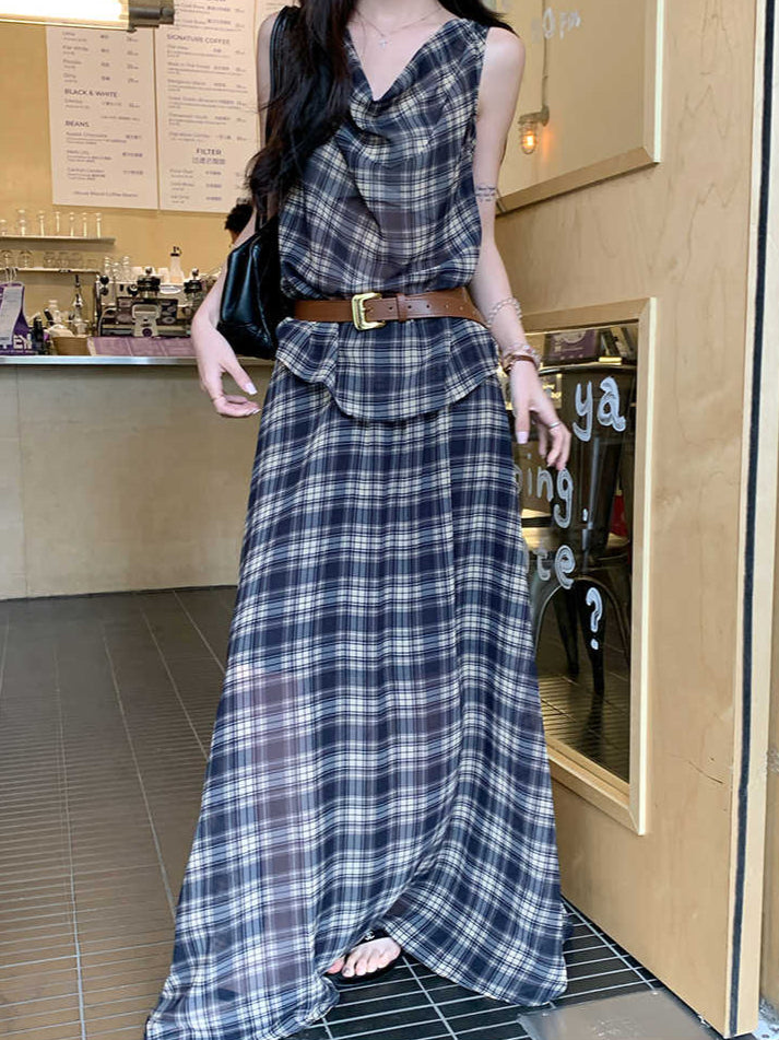 Retro Plaid Collar Camisole + Skirt Suit