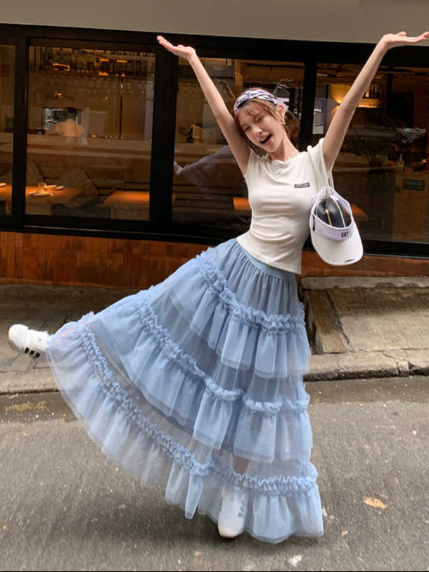 Blue Mesh Puffy Skirt