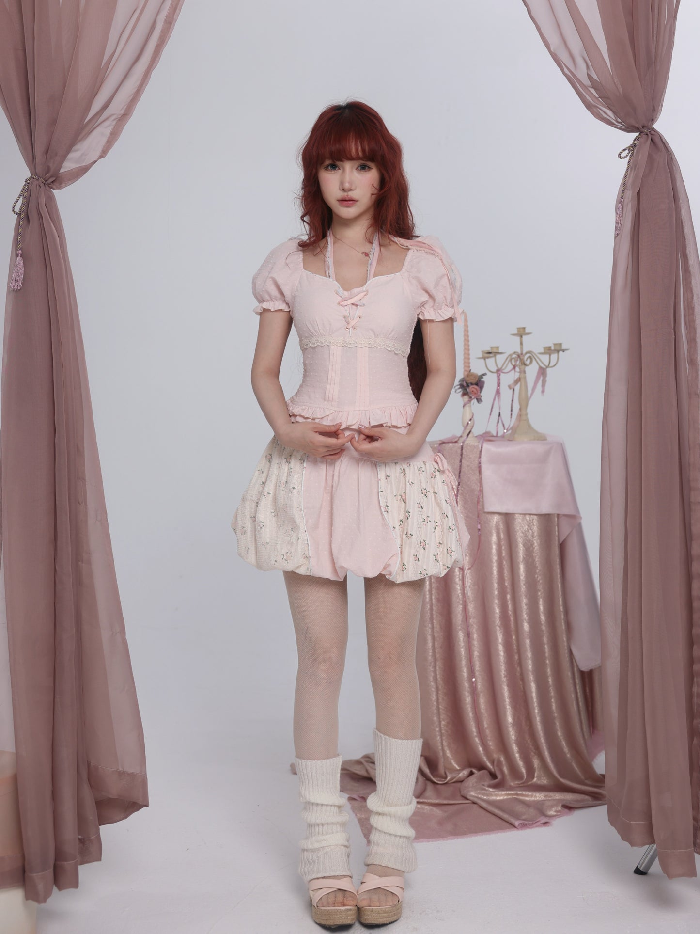 pink floral puff-sleeved shirt suit