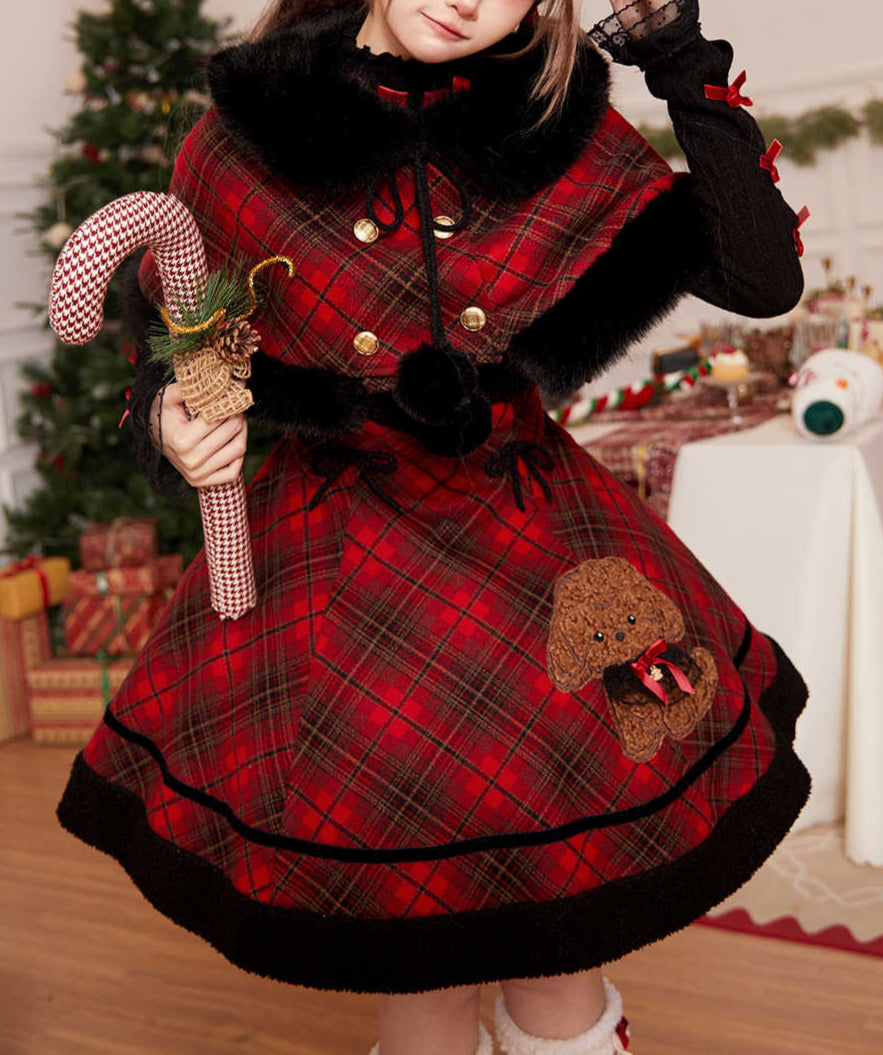 Red Plaid Teddy Dog Embroidered Dress