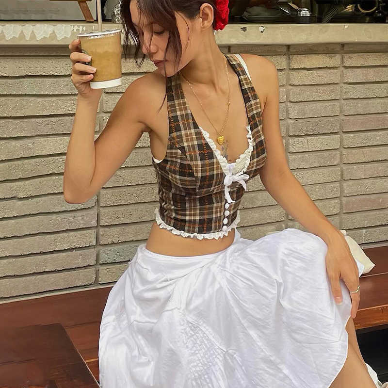 Retro Plaid V-neck Tank Top